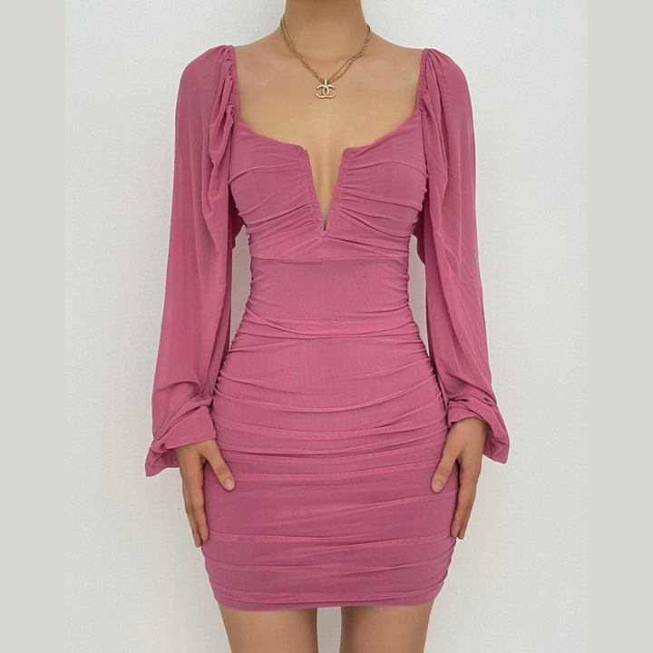 Mesh solid long sleeve ruched notch neck zip-up mini dress-final-sale  | Festival Outfits Women