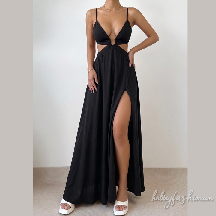 Hollow out deep v neck zip-up slit cami cut out maxi dress-final-sale