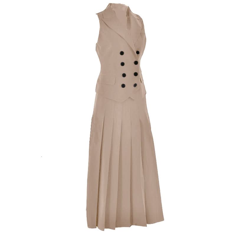 Sleeveless turnover collar button pleated maxi skirt set  | Festival Outfits Women