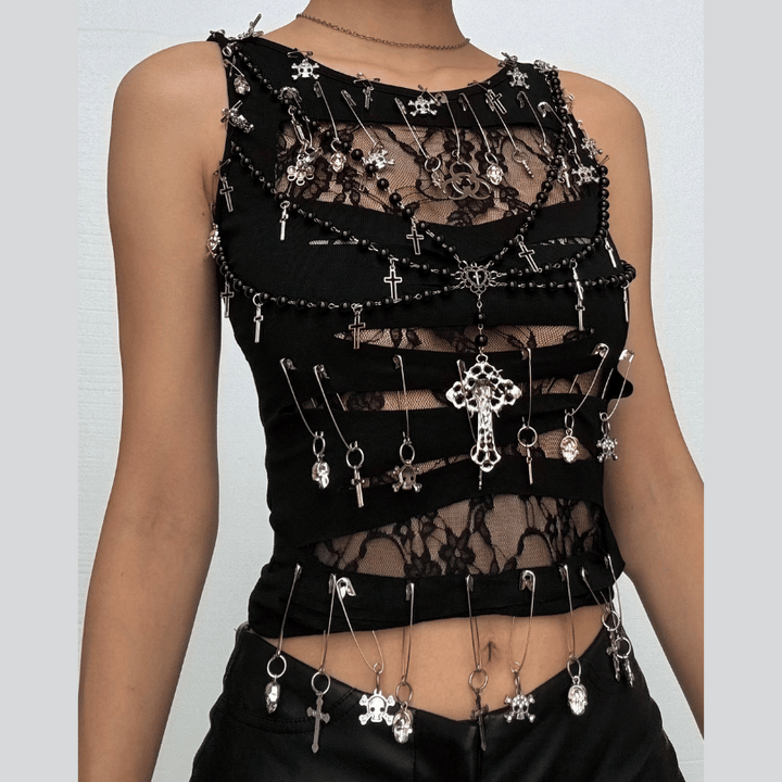 Sleeveless round neck beaded cross lace top-final-sale