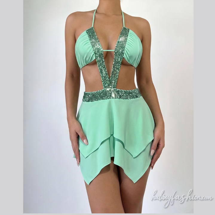 Glitter hollow out halter self tie mini dress - Halibuy