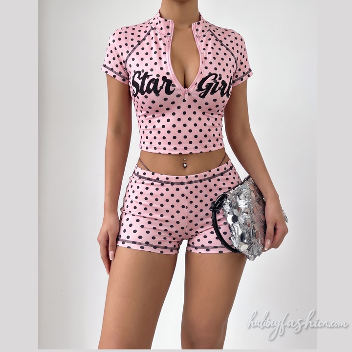 Short sleeve polka dot zip-up letter pattern stitch pant set