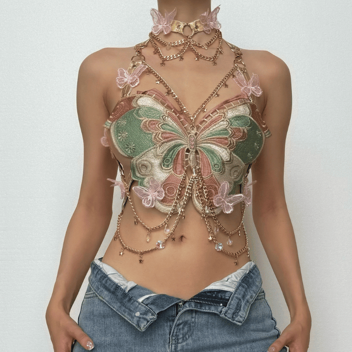 Butterfly embroidery metal chain halter top with choker  | Festival Outfits Women