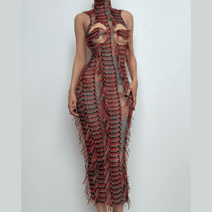 High neck hollow out mesh backless cut out midi dress  | Festival Outfits Women