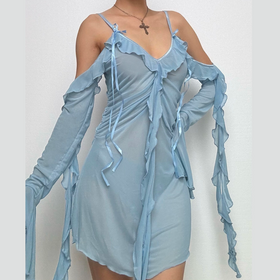 Long flared sleeve Off shoulder sheer mesh ruffle mini dress  | Festival Outfits Women