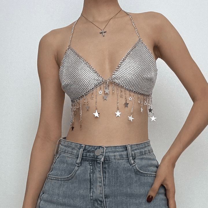 Metal chain star decor halter backless bralette top  | Festival Outfits Women