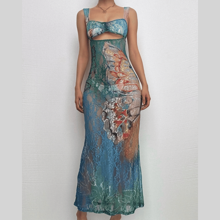 Hollow out butterfly pattern lace tie dye cut out maxi dress  | Festival Outfits Women