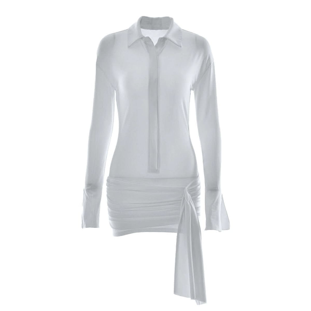 Turnover collar long sleeve button ruched mini dress-final-sale  | Festival Outfits Women