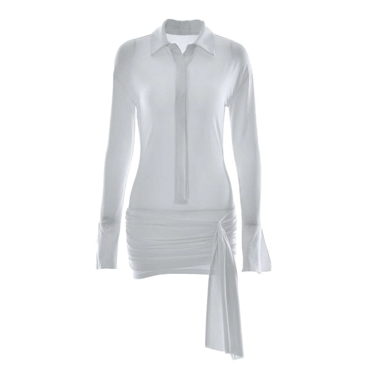 Turnover collar long sleeve button ruched mini dress-final-sale  | Festival Outfits Women