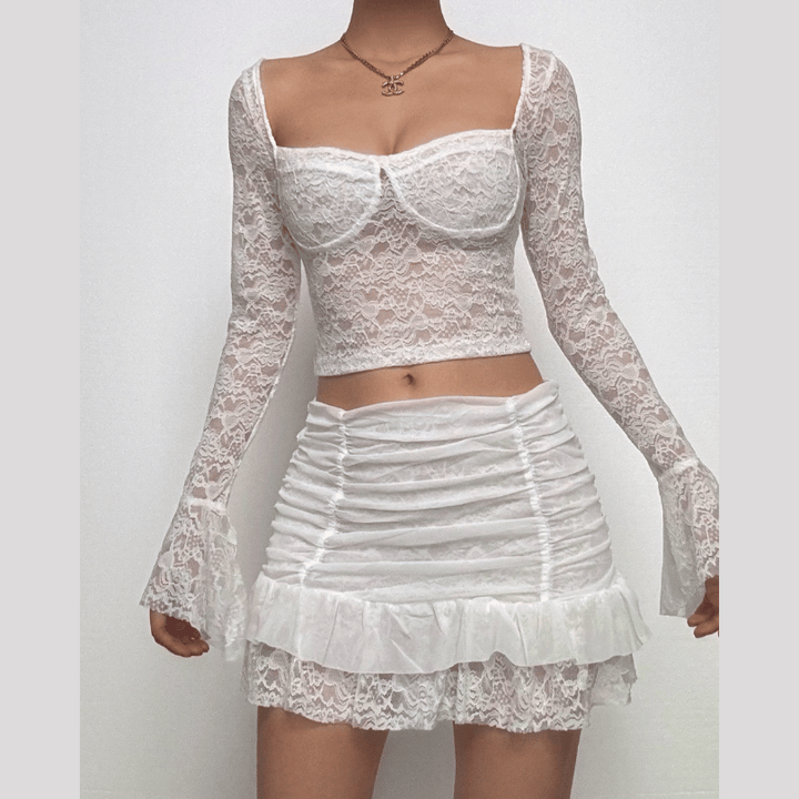 Long flared sleeve ruched lace sweetheart neck solid mini skirt set  | Festival Outfits Women