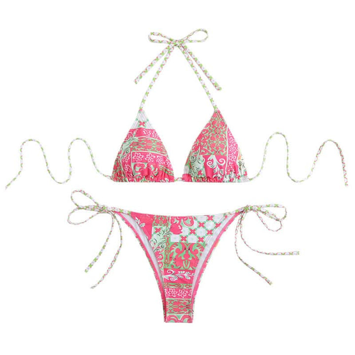Halter self tie print v neck bikini swimwear