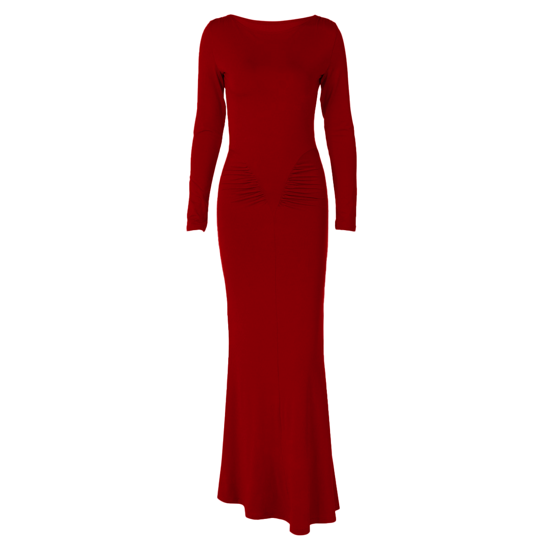 Long sleeve crewneck ruched solid maxi dress  | Festival Outfits Women