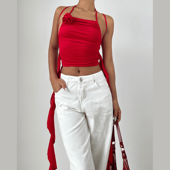 Halter ruched flower applique ruffle solid cross back crop top  | Festival Outfits Women