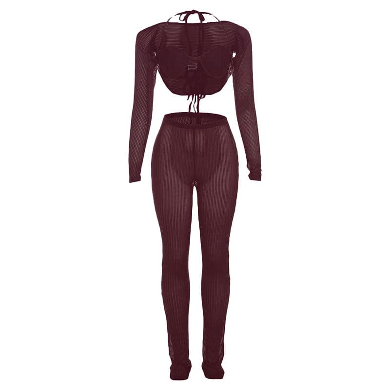 Halter shrug textured see through pant set-final-sale  | Festival Outfits Women