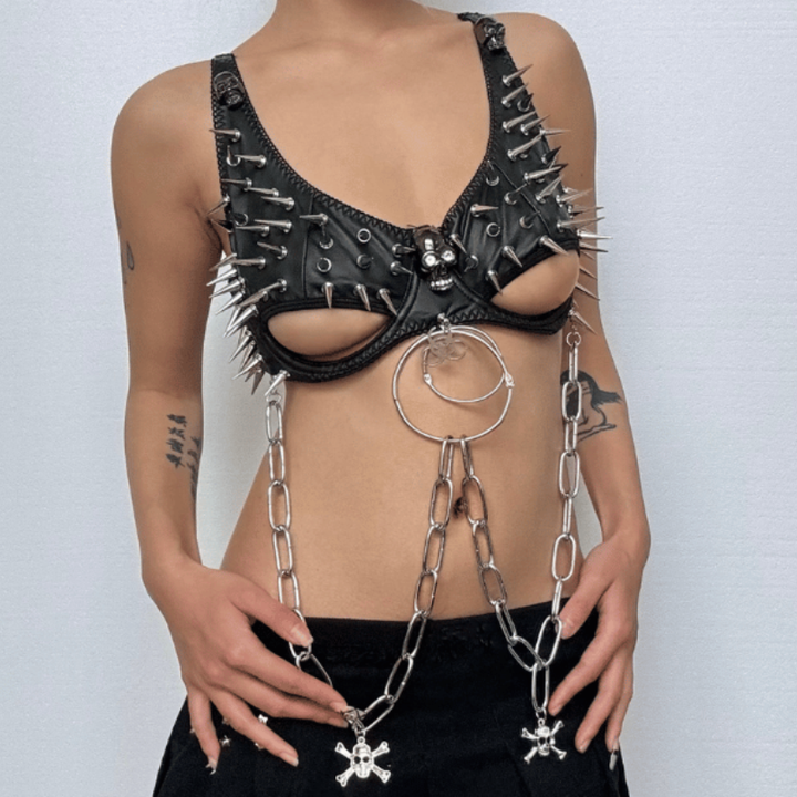 Rivet o ring metal chain skull applique cami set  | Festival Outfits Women