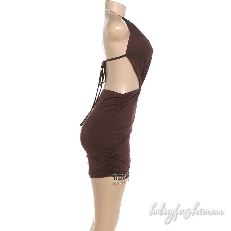O ring halter ruched hollow out self tie mini dress