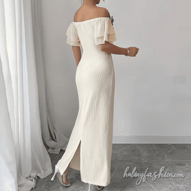 Off shoulder flower applique textured slit maxi dress - Halibuy - 2