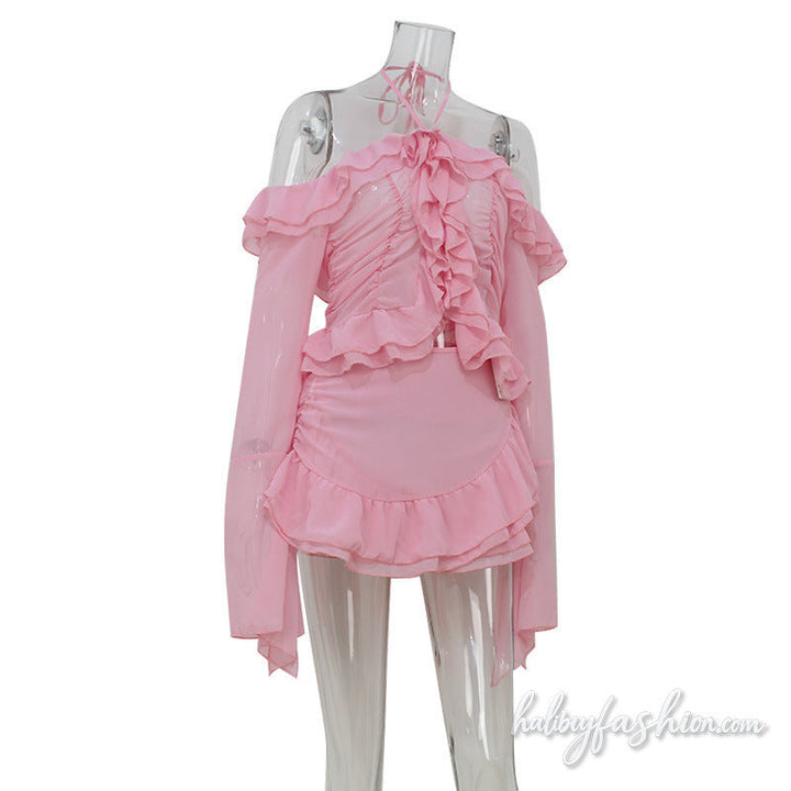 Long flared sleeve ruffle halter off shoulder mini skirt set