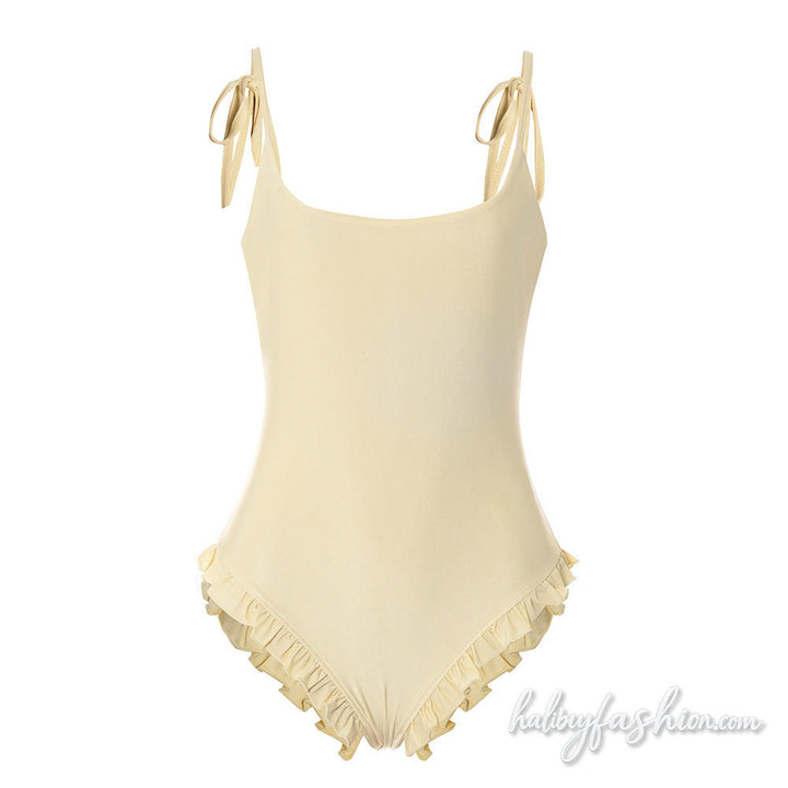 Ruffle u neck backless self tie cami bodysuit - Halibuy