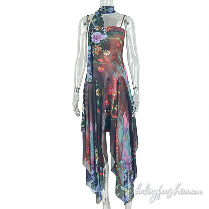 Square neck flower print mesh cami maxi dress