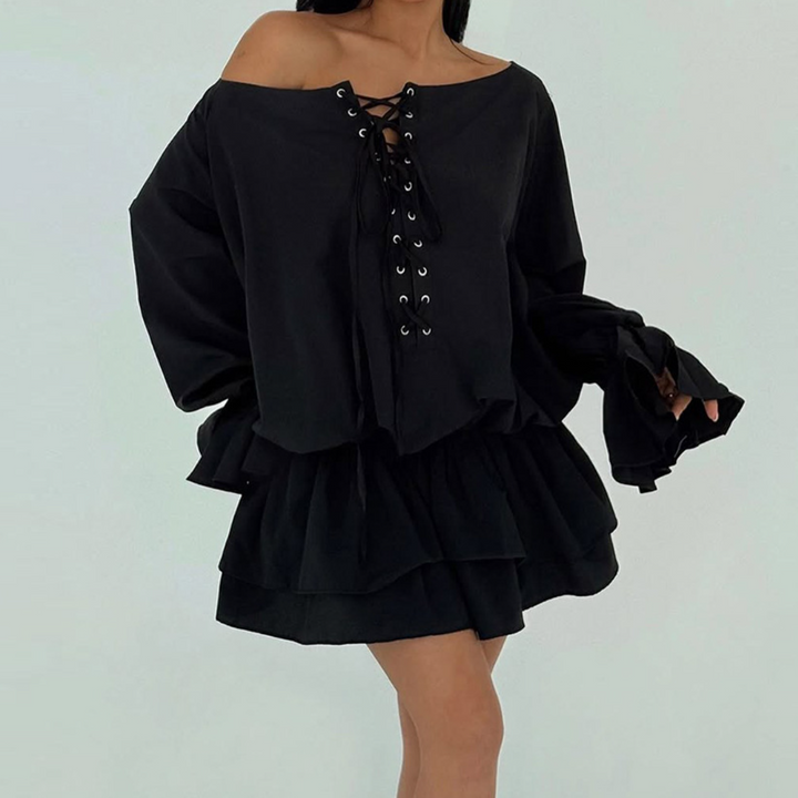 Long flared sleeve off shoulder lace up mini dress  | Festival Outfits Women