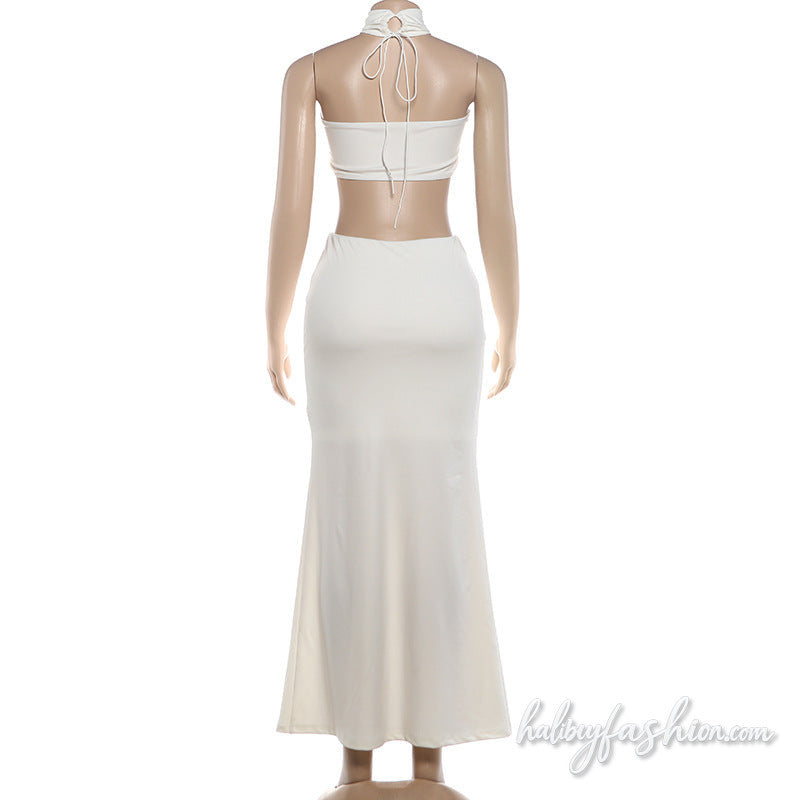Halter self tie feather backless maxi skirt set