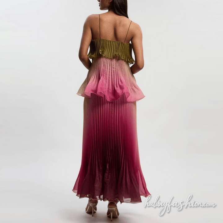Gradient ruched square neck ruffle cami maxi dress - Halibuy - 2