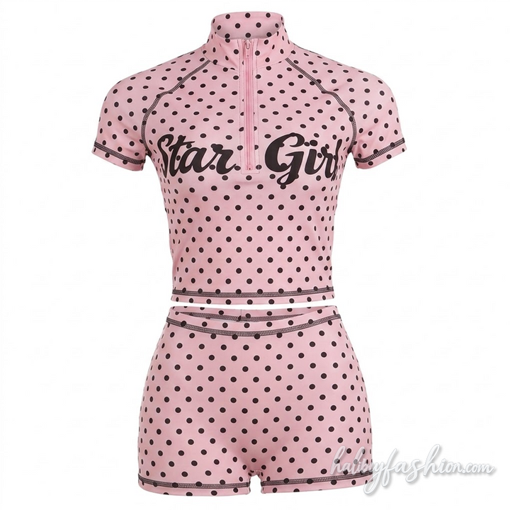 Short sleeve polka dot zip-up letter pattern stitch pant set