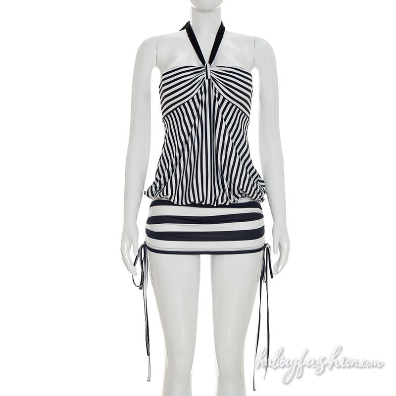 Striped halter self tie backless mini dress - Halibuy - 3