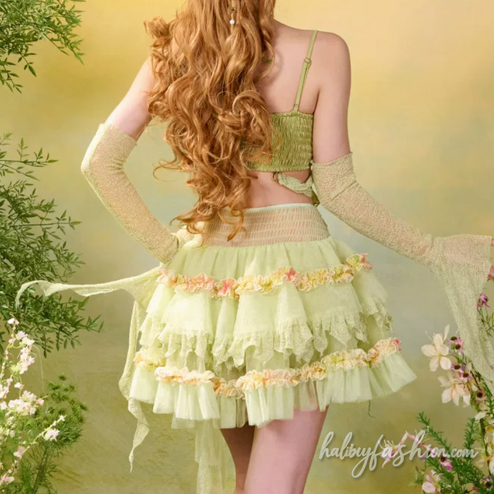 Lace hem irregular ruffle mesh A line mini skirt
