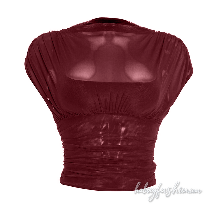 Ruched mesh crewneck solid top
