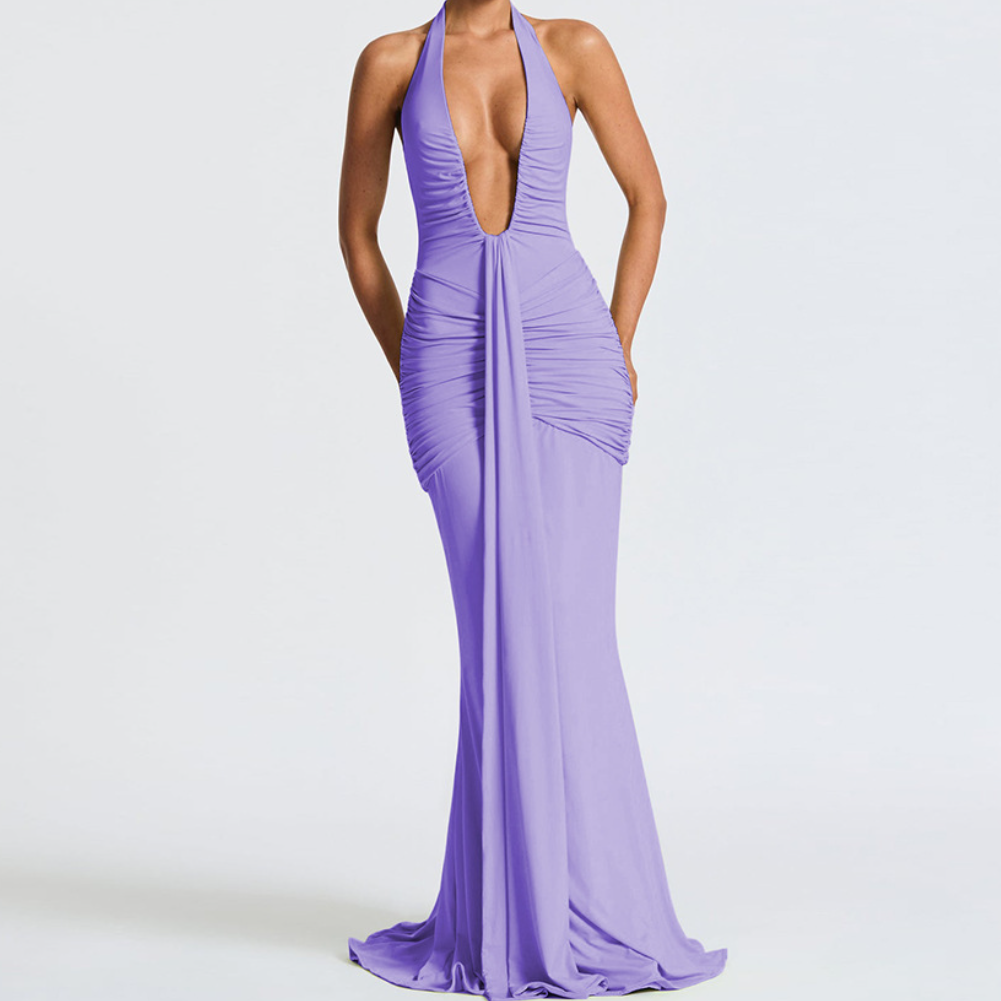 Deep v neck ruched backless maxi dress  | Festival Outfits Women