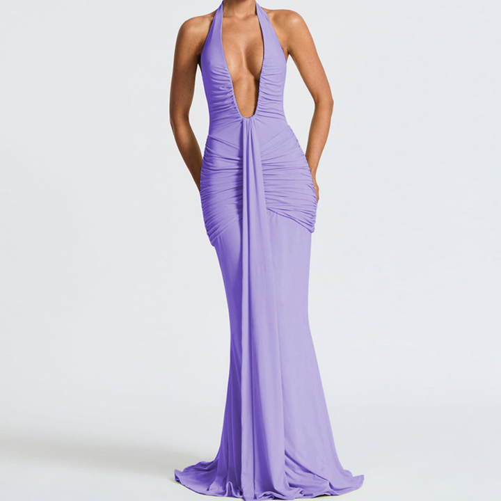Deep v neck ruched backless maxi dress  | Festival Outfits Women