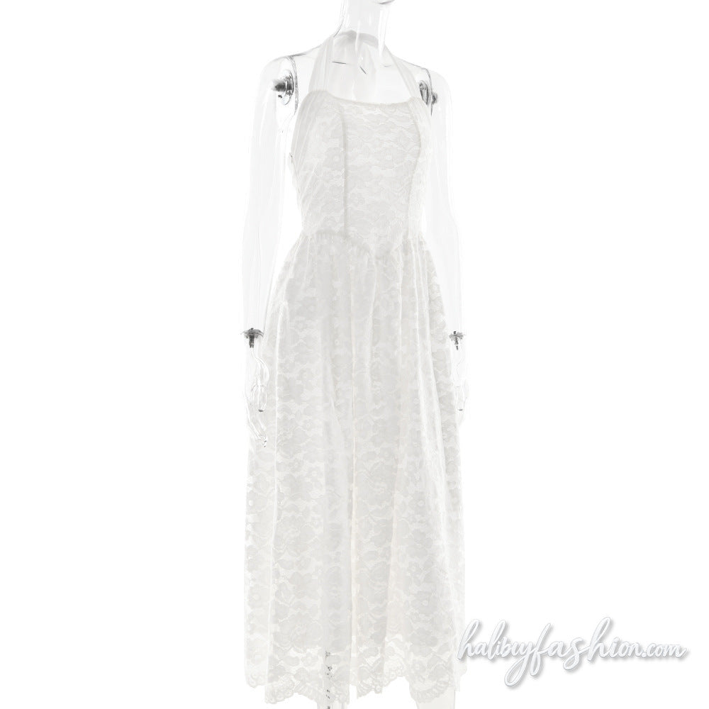 Halter self tie lace backless solid midi dress