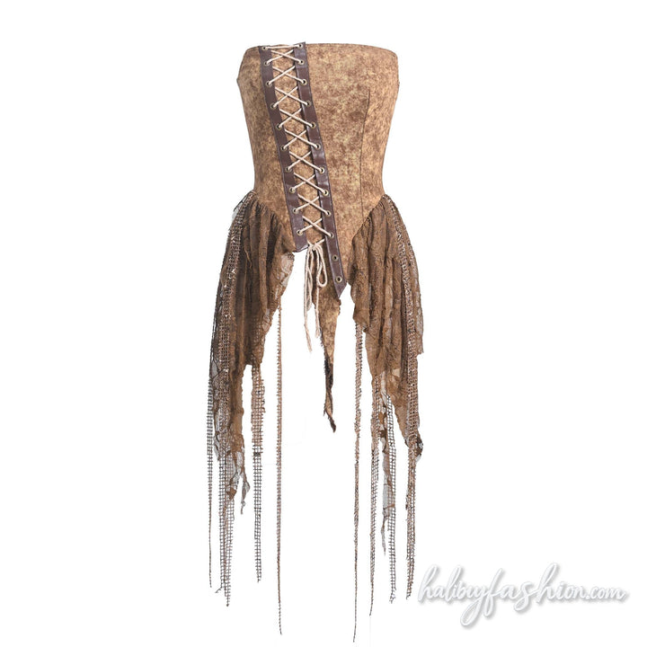 Lace up irregular denim zip-up tube top