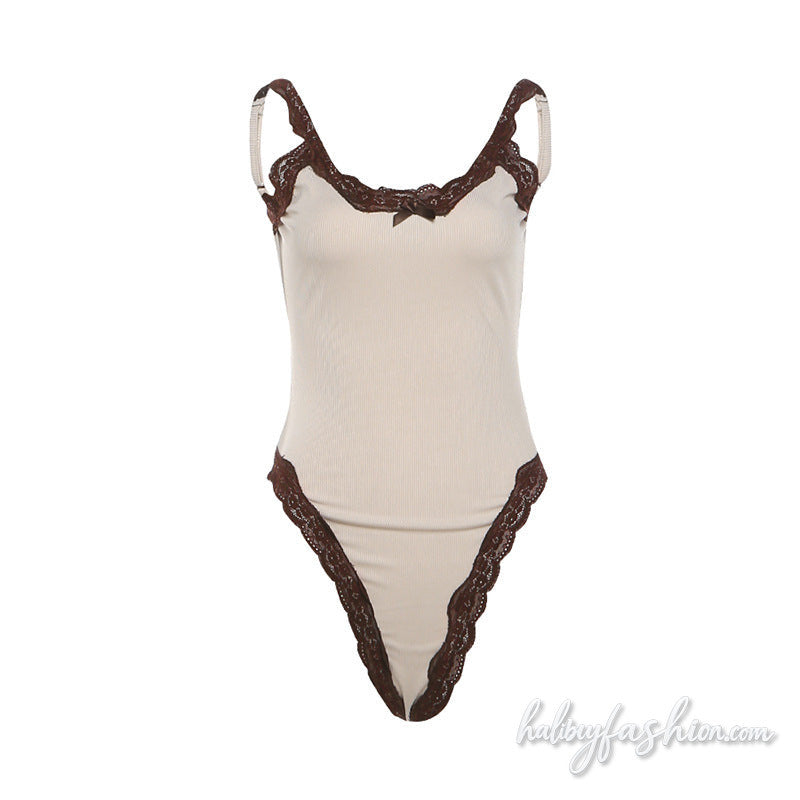 Bowknot lace hem u neck ribbed button bodysuit