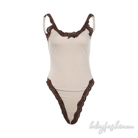 Bowknot lace hem u neck ribbed button bodysuit