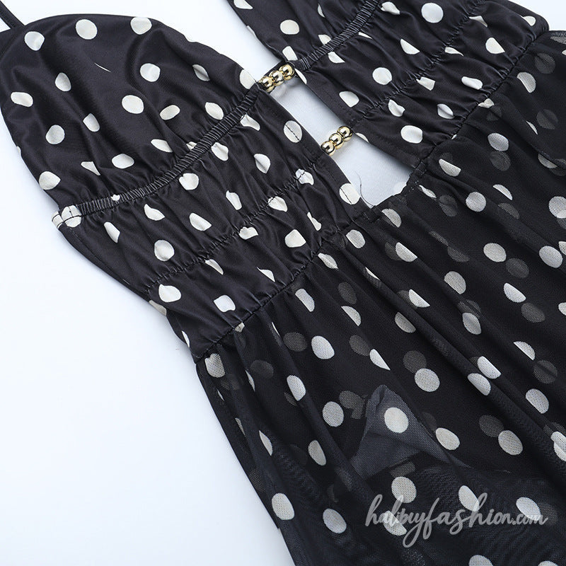 Polka dot hollow out ruched mesh cami maxi dress