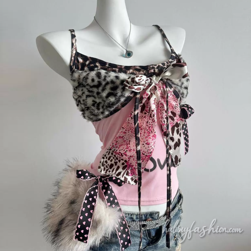 Leopard print bowknot self tie letter pattern cami top