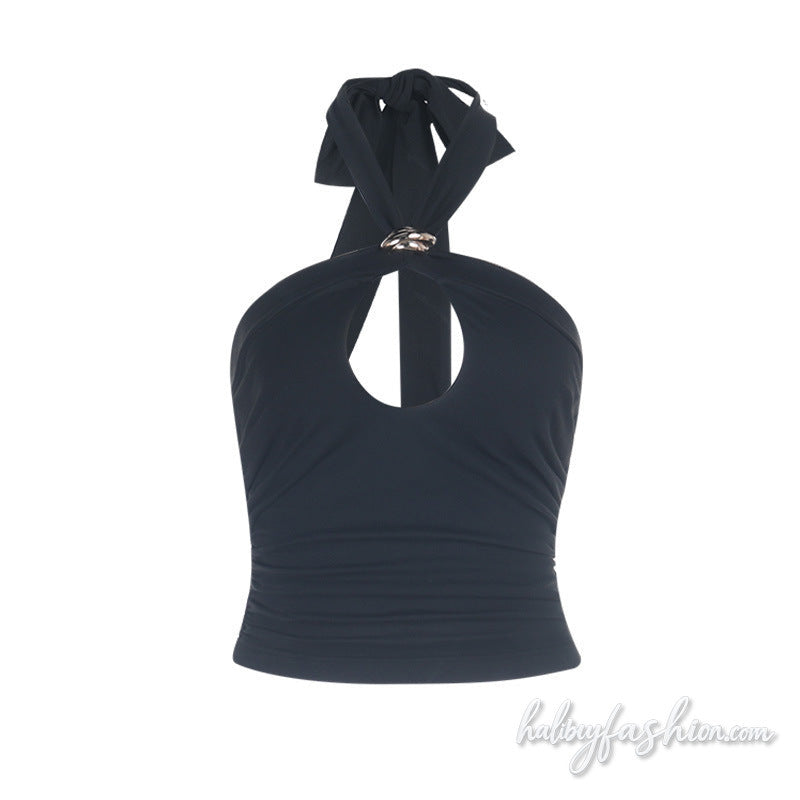 Halter self tie hollow out ruched backless top