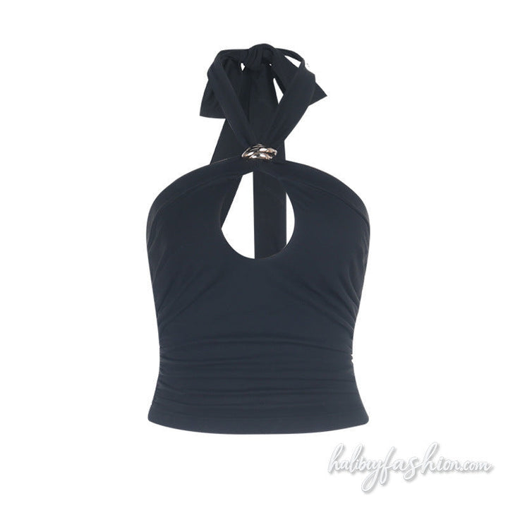 Halter self tie hollow out ruched backless top