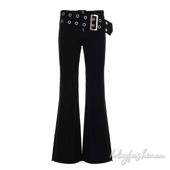 Zip-up buckle irregular low rise wide leg pant