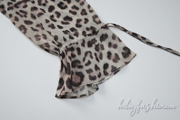 Leopard print long sleeve one shoulder chiffon mini dress - Halibuy - 7