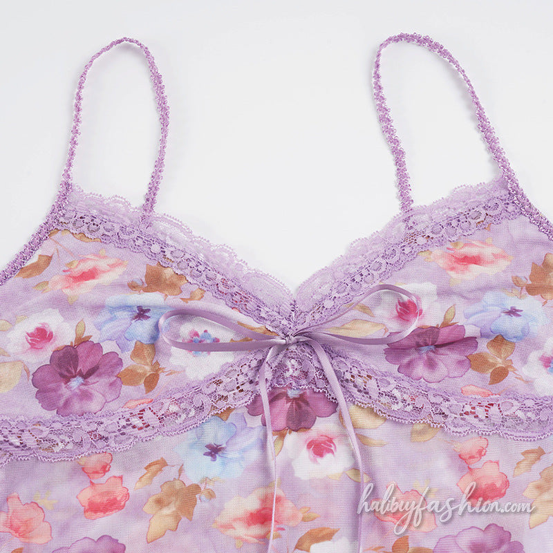 Lace hem v neck flower print mesh cami top