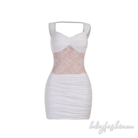 Ruched v neck lace patchwork backless mini dress