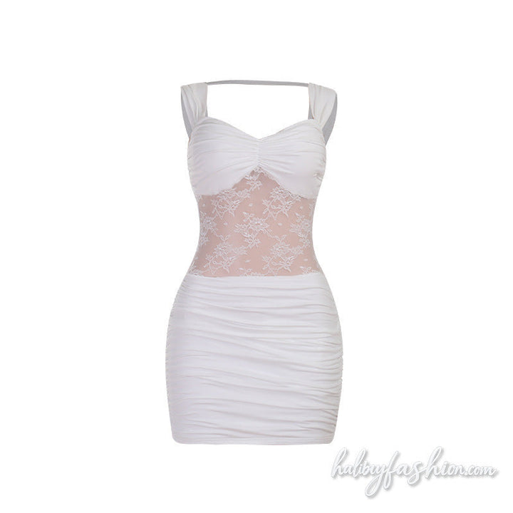 Ruched v neck lace patchwork backless mini dress