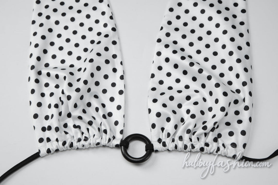 Halter self tie polka dot o ring bikini swimwear