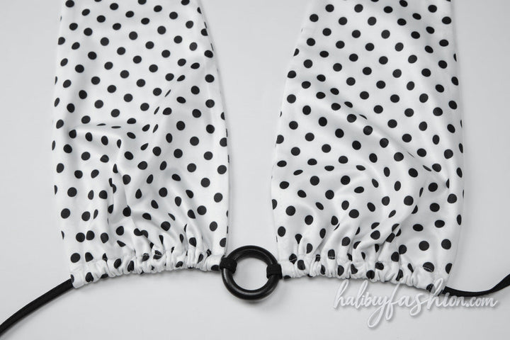 Halter self tie polka dot o ring bikini swimwear
