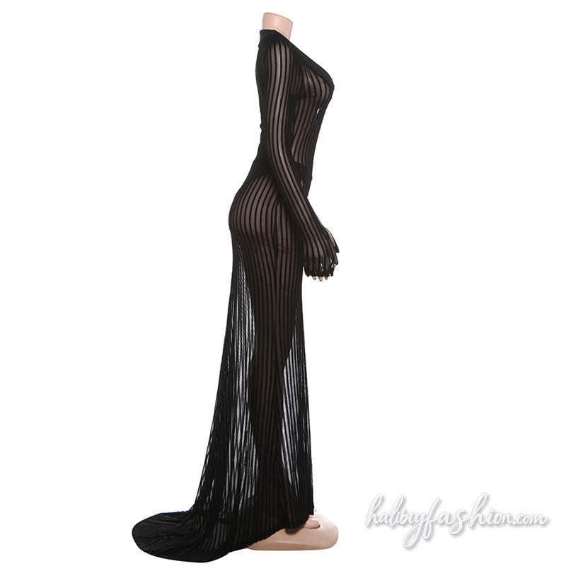 Long sleeve striped u neck mesh solid maxi dress