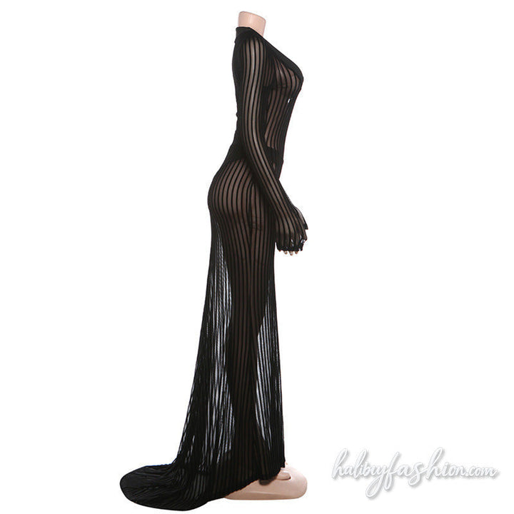 Long sleeve striped u neck mesh solid maxi dress